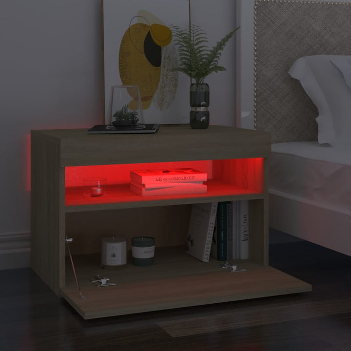 sengebord med LED-lys 60x35x40 cm konstrueret træ sonoma-eg