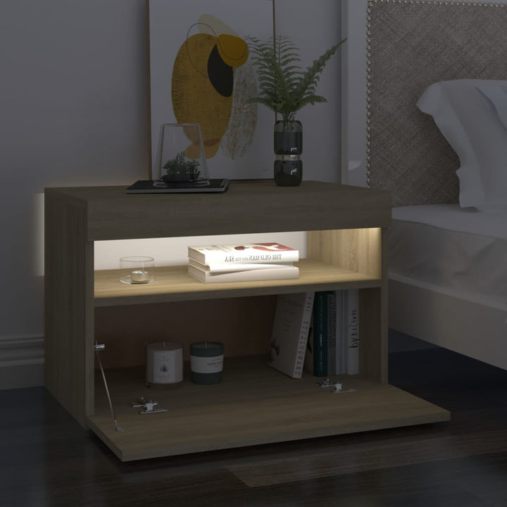 sengebord med LED-lys 60x35x40 cm konstrueret træ sonoma-eg