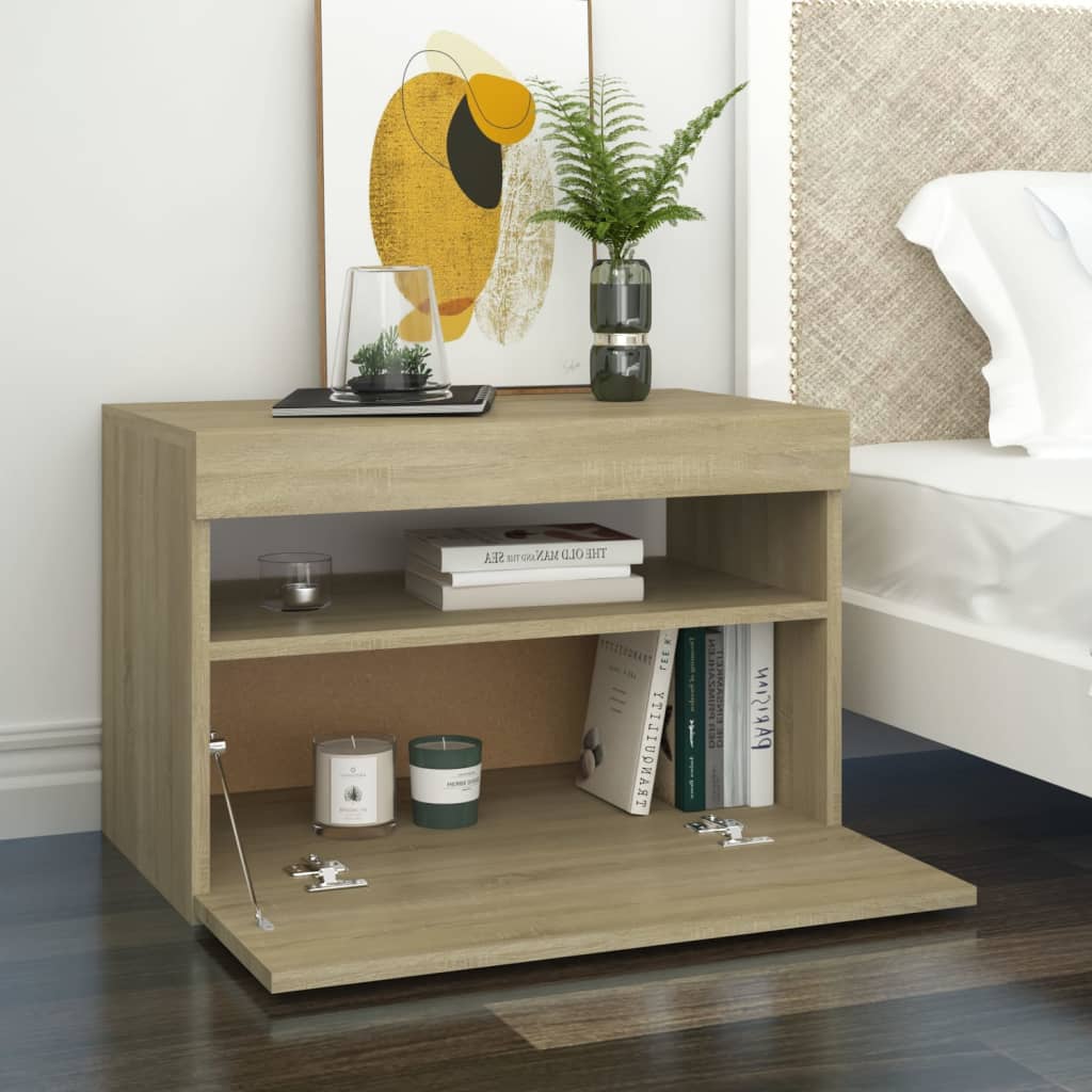 sengebord med LED-lys 60x35x40 cm konstrueret træ sonoma-eg
