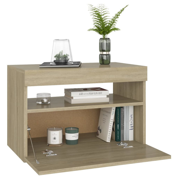 sengebord med LED-lys 60x35x40 cm konstrueret træ sonoma-eg
