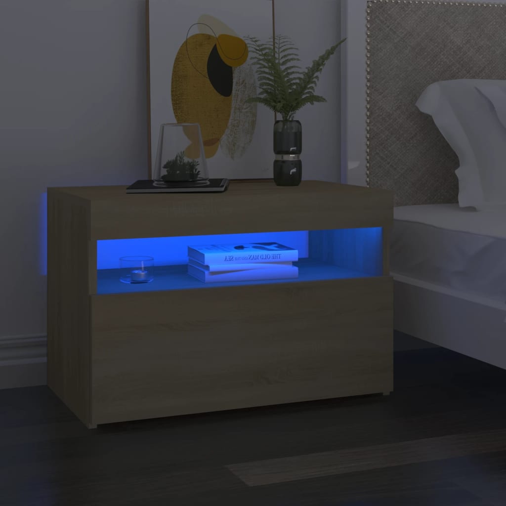 sengebord med LED-lys 60x35x40 cm konstrueret træ sonoma-eg