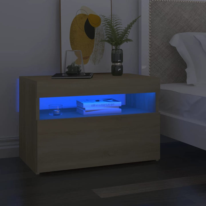 sengebord med LED-lys 60x35x40 cm konstrueret træ sonoma-eg