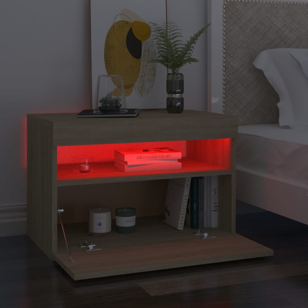 sengebord med LED-lys 2 stk. 60x35x40 cm sonoma-eg