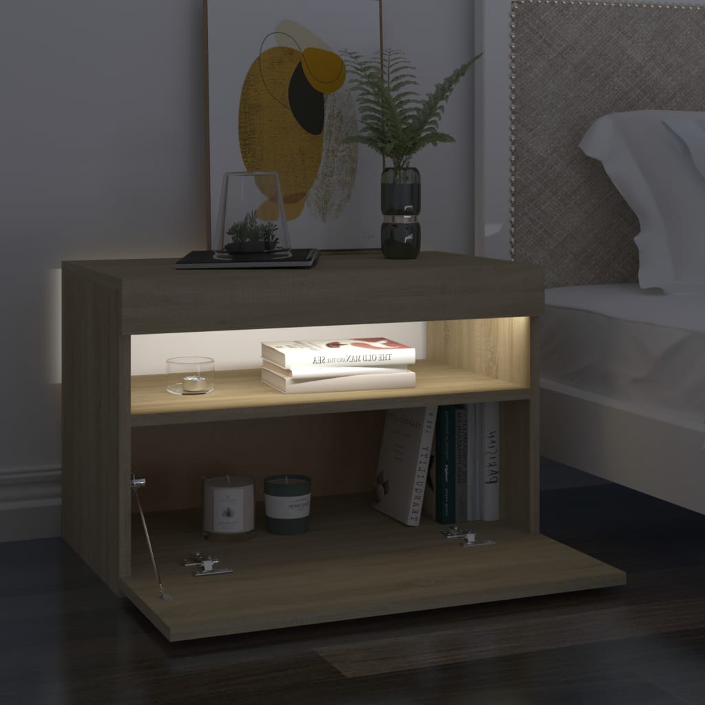 sengebord med LED-lys 2 stk. 60x35x40 cm sonoma-eg