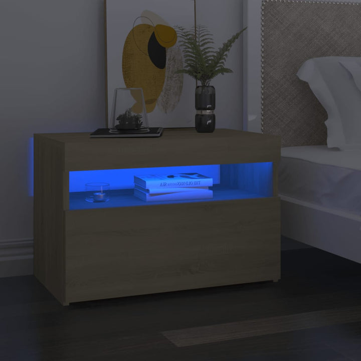 sengebord med LED-lys 2 stk. 60x35x40 cm sonoma-eg