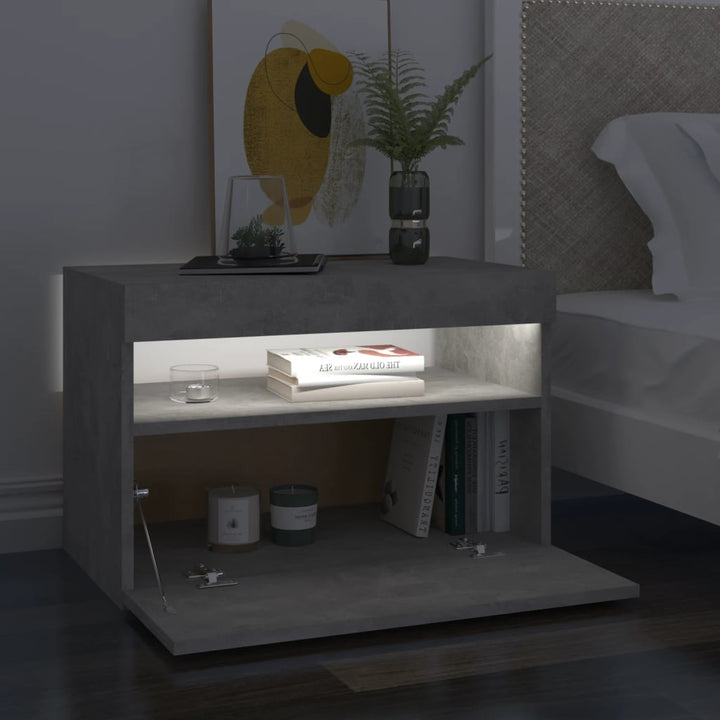 sengebord med LED-lys 60x35x40 cm betongrå