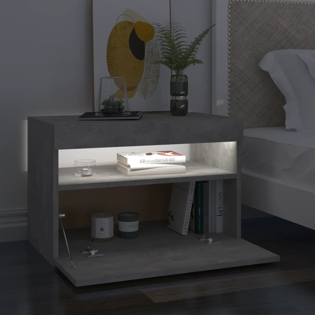 sengebord med LED-lys 60x35x40 cm betongrå