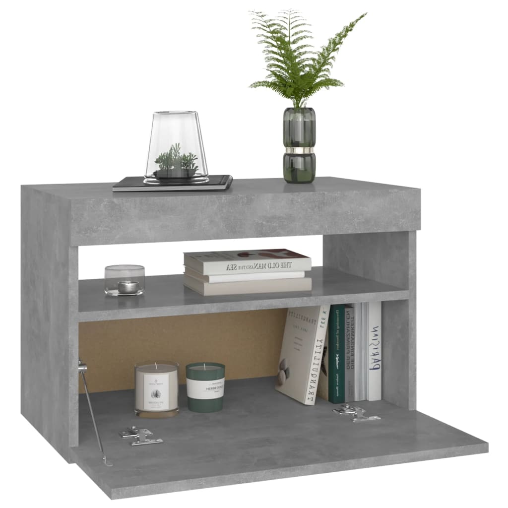 sengebord med LED-lys 60x35x40 cm betongrå