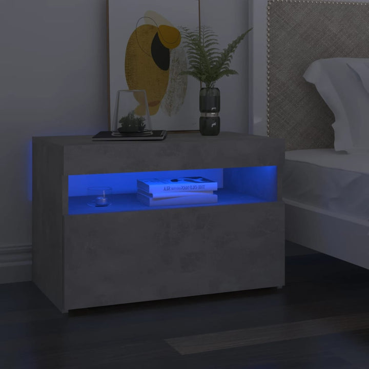 sengebord med LED-lys 60x35x40 cm betongrå