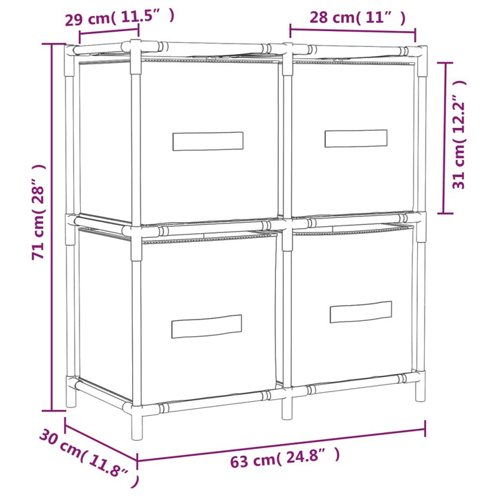 opbevaringsreol med 4 stofkurve 63x30x71 cm stål grå