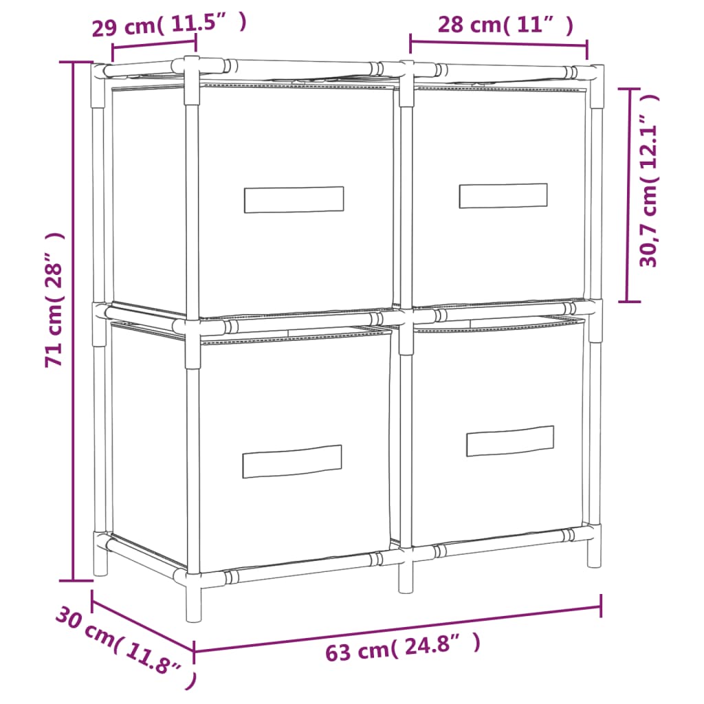opbevaringsreol med 4 stofkurve 63x30x71 cm stål cremefarvet