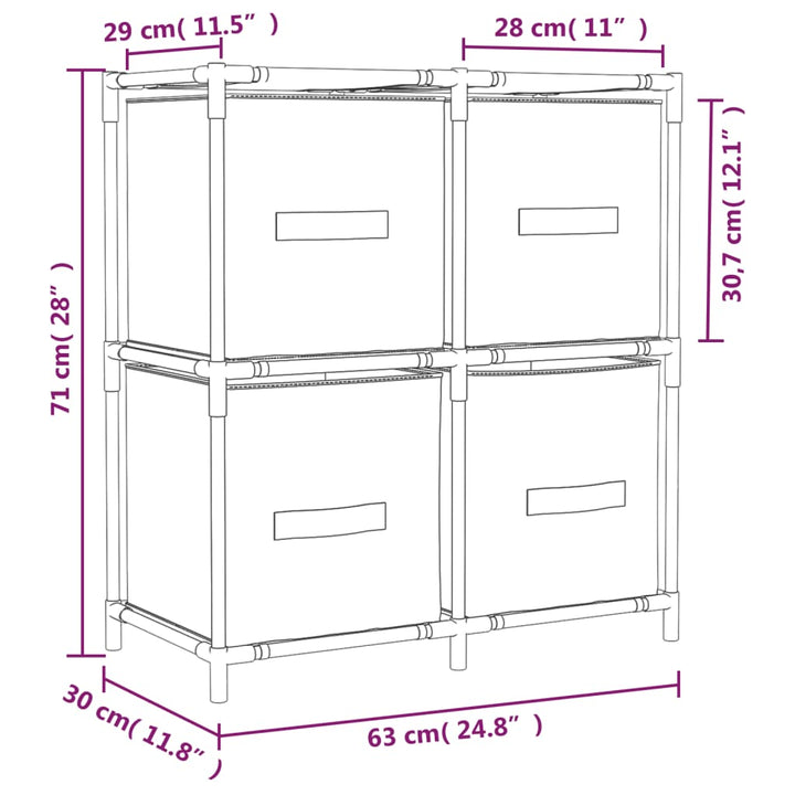 opbevaringsreol med 4 stofkurve 63x30x71 cm stål cremefarvet