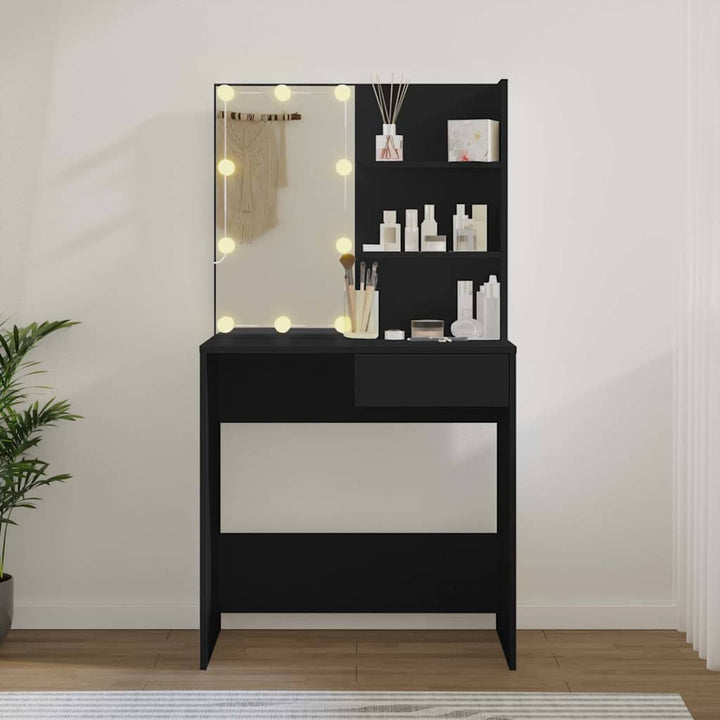 makeupbord med LED-lys 74,5x40x141 cm sort