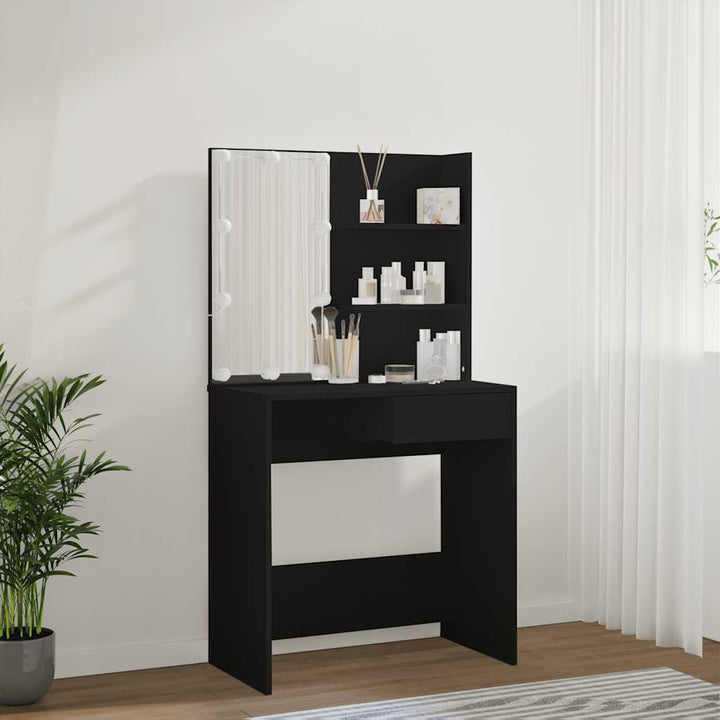 makeupbord med LED-lys 74,5x40x141 cm sort