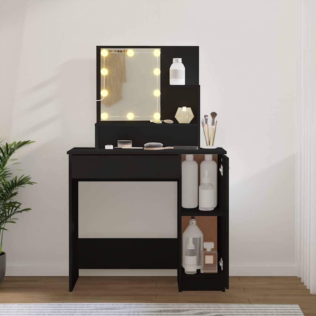 makeupbord med LED-lys 86,5x35x136 cm sort