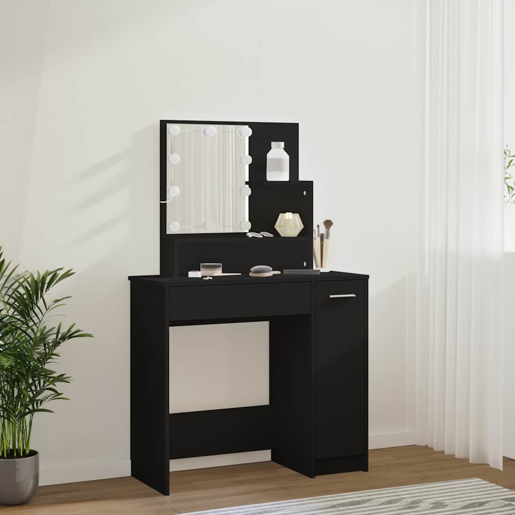 makeupbord med LED-lys 86,5x35x136 cm sort