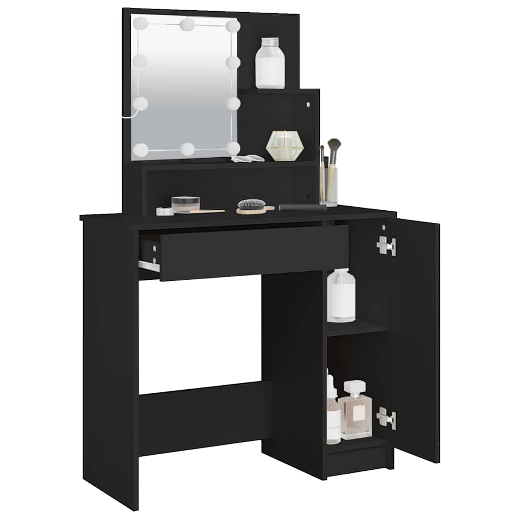 makeupbord med LED-lys 86,5x35x136 cm sort
