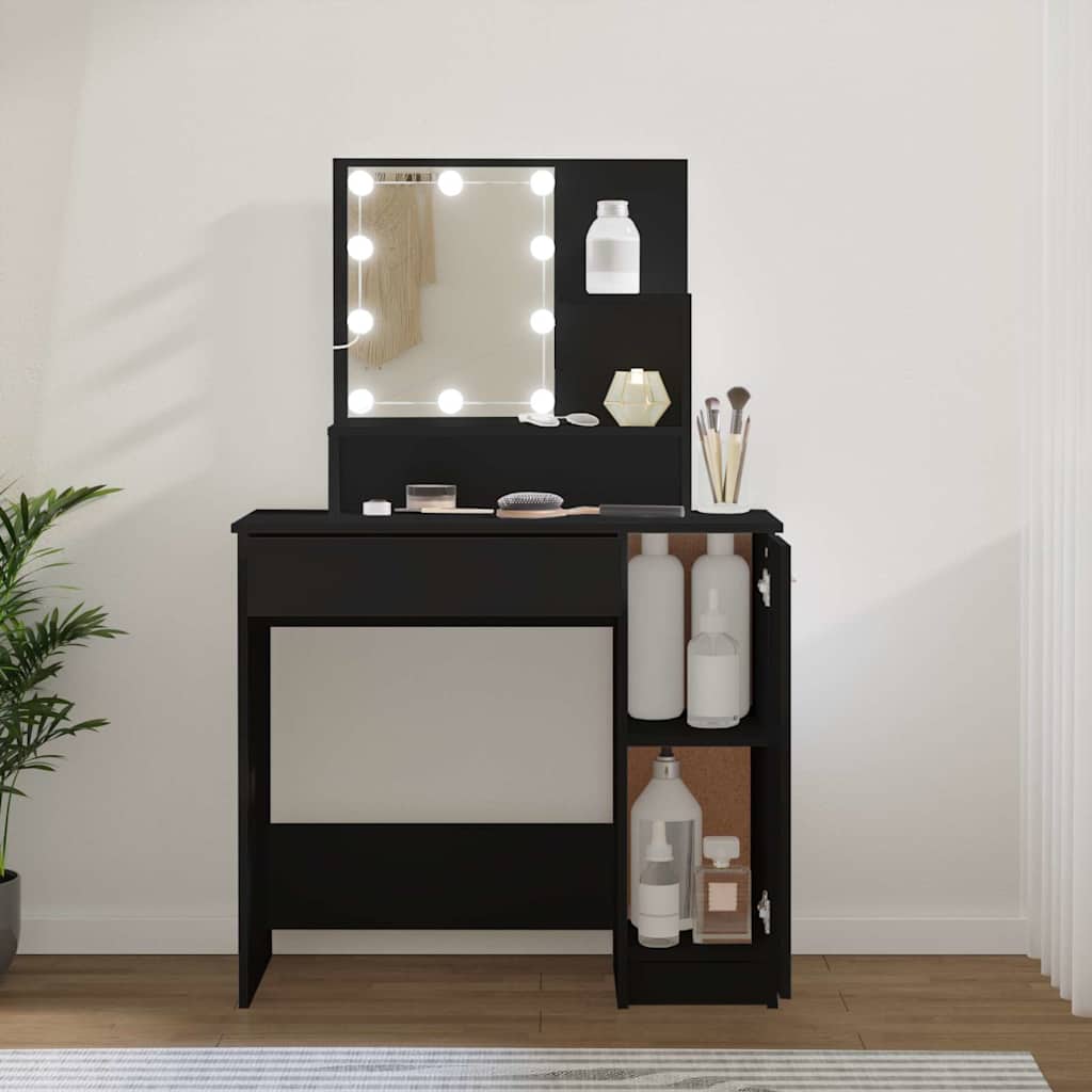 makeupbord med LED-lys 86,5x35x136 cm sort