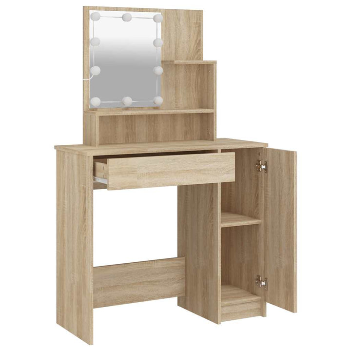 makeupbord med LED-lys 86,5x35x136 cm sonoma-eg