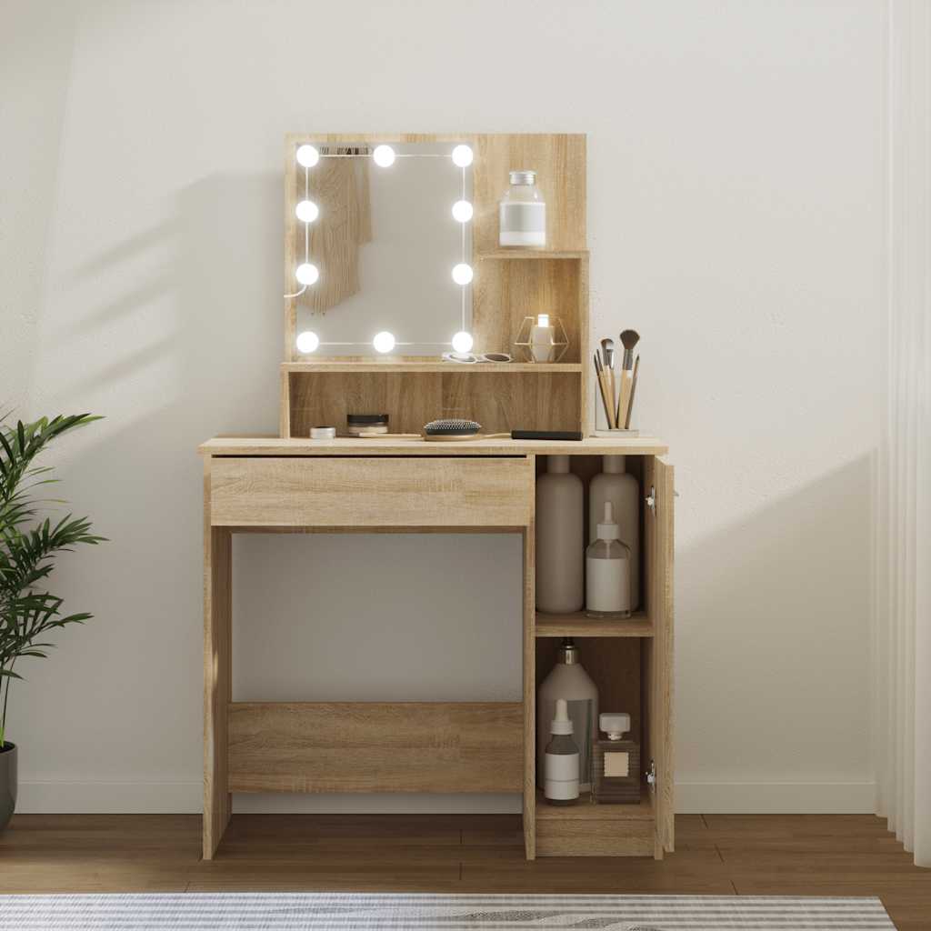 makeupbord med LED-lys 86,5x35x136 cm sonoma-eg