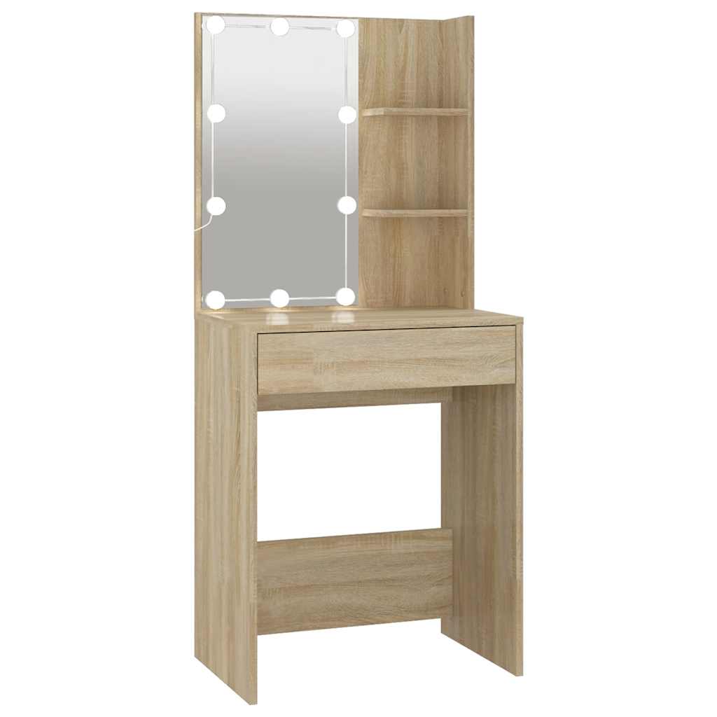 makeupbord med LED-lys 60x40x140 cm sonoma-eg