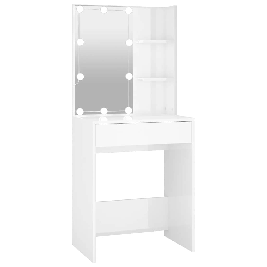 makeupbord med LED-lys 60x40x140 cm hvid højglans