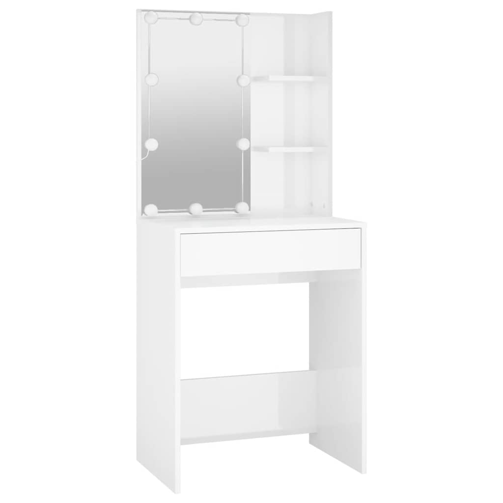 makeupbord med LED-lys 60x40x140 cm hvid højglans