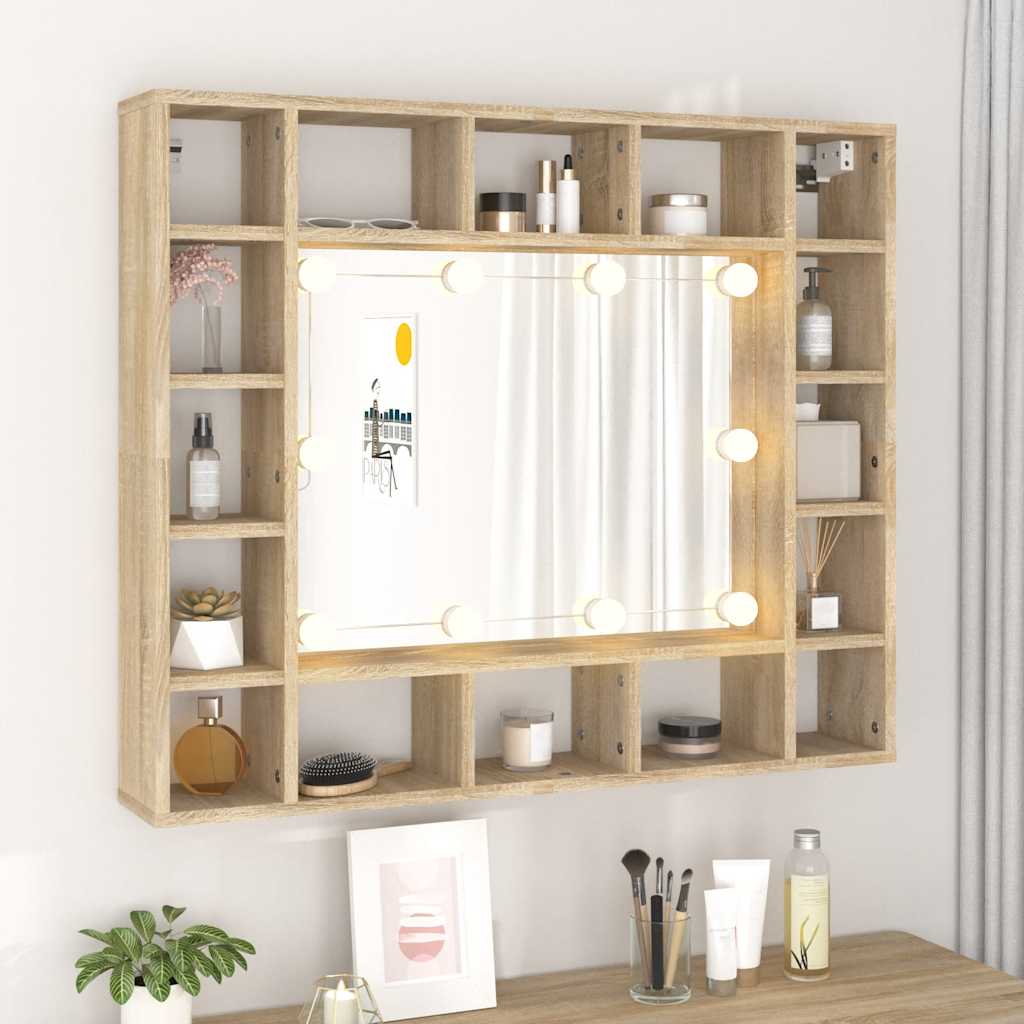 spejlskab med LED-lys 91x15x76,5 cm sonoma-eg
