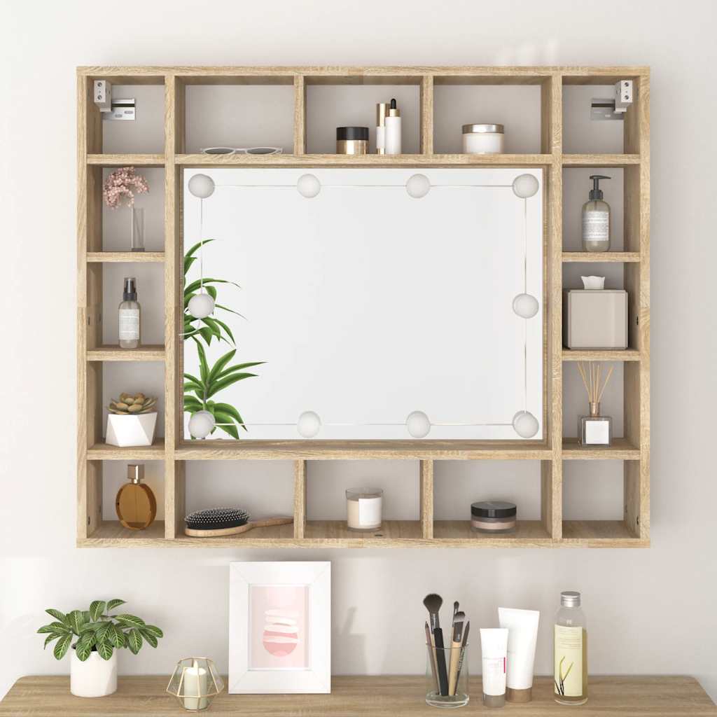 spejlskab med LED-lys 91x15x76,5 cm sonoma-eg