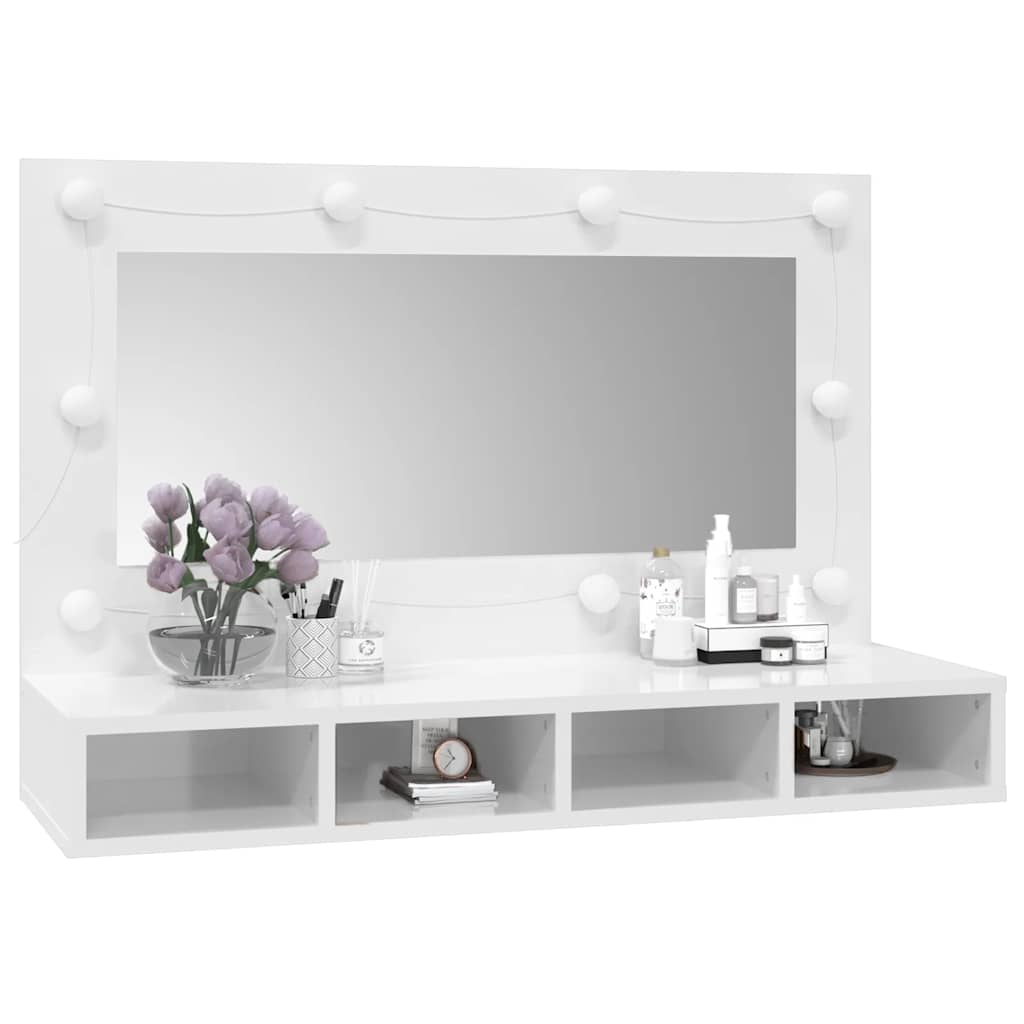 spejlskab med LED-lys 90x31,5x62 cm hvid højglans