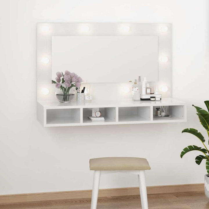 spejlskab med LED-lys 90x31,5x62 cm hvid højglans