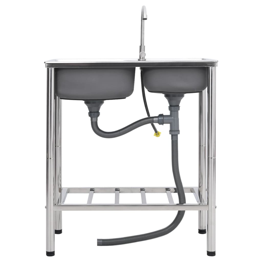 campingvask med hane dobbeltvask rustfrit stål