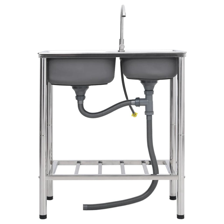 campingvask med hane dobbeltvask rustfrit stål