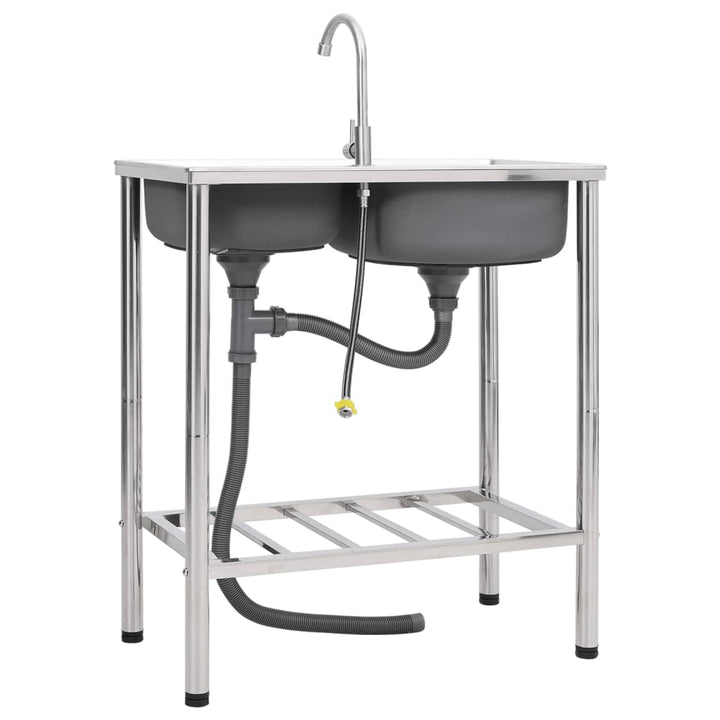 campingvask med hane dobbeltvask rustfrit stål