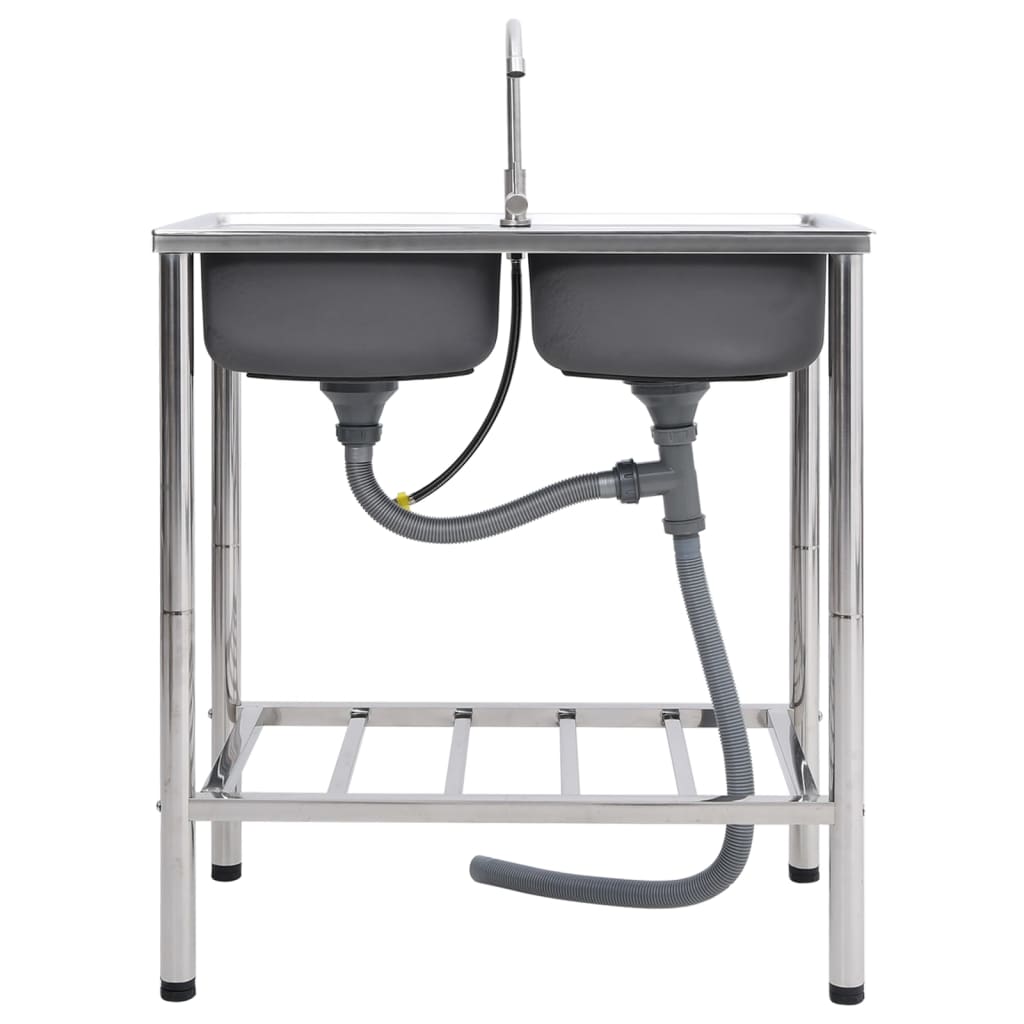 campingvask med hane dobbeltvask rustfrit stål