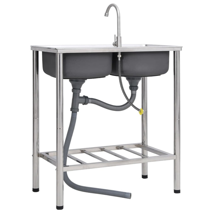 campingvask med hane dobbeltvask rustfrit stål