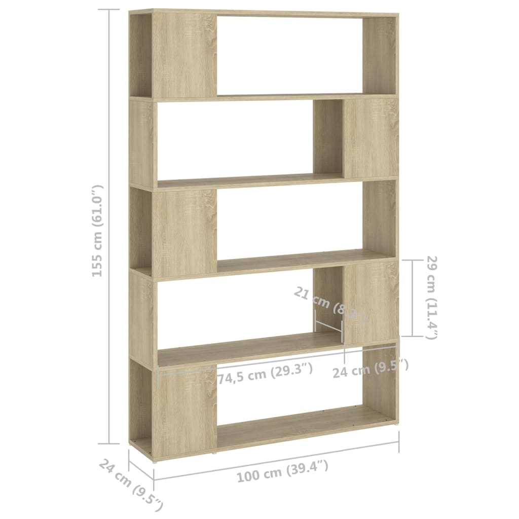 bogreol/rumdeler 100x24x155 cm konstrueret træ sonoma-eg