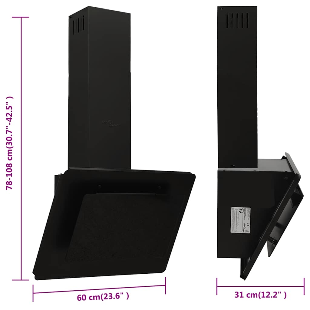 væghængt emhætte 60 cm rustfrit stål og hærdet glas sort