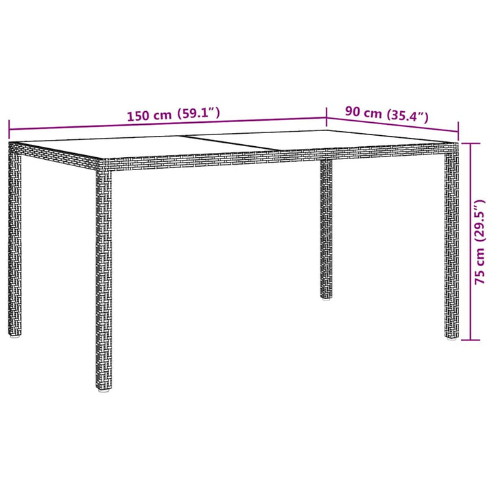 havebord 150x90x75 cm hærdet glas og polyrattan brun