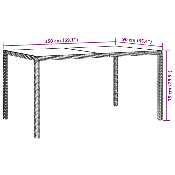 havebord 150x90x75 cm hærdet glas og polyrattan sort