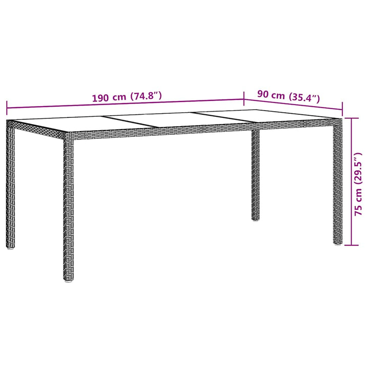 havebord 190x90x75 cm hærdet glas og polyrattan brun