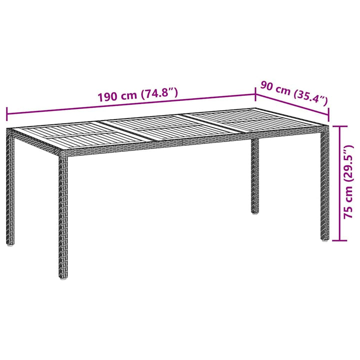 havebord 190x90x75 cm polyrattan og akacietræ sort