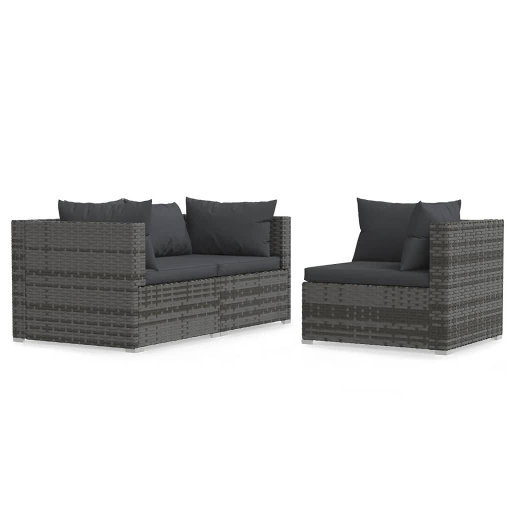 loungesæt til haven 3 dele med hynder polyrattan grå