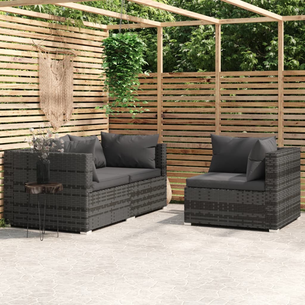 loungesæt til haven 3 dele med hynder polyrattan grå