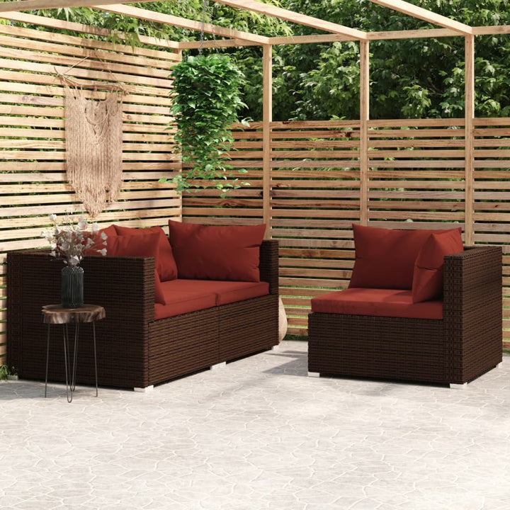 loungesæt til haven 3 dele med hynder polyrattan brun