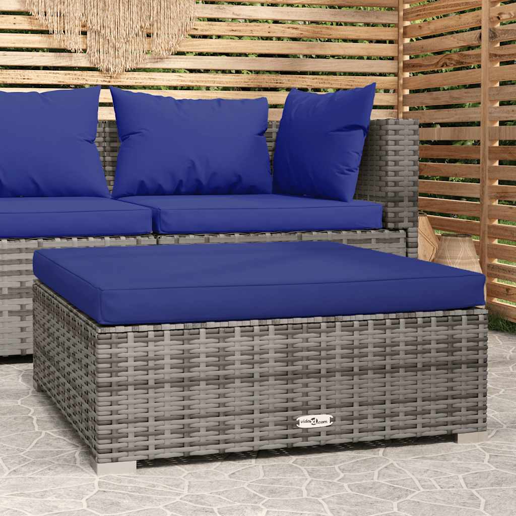 fodskammel med hynde til haven 70x70x30 cm polyrattan grå
