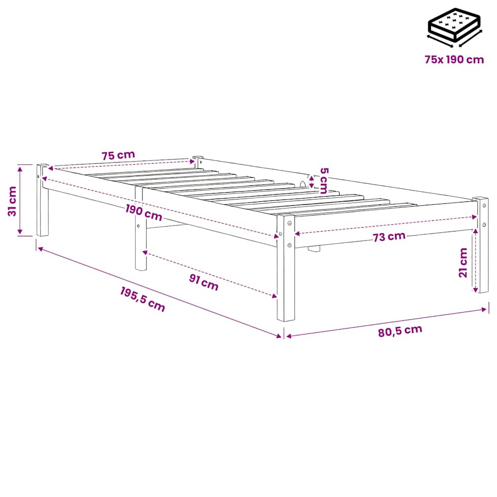 sengeramme 75x190 cm Small Single massivt træ hvid