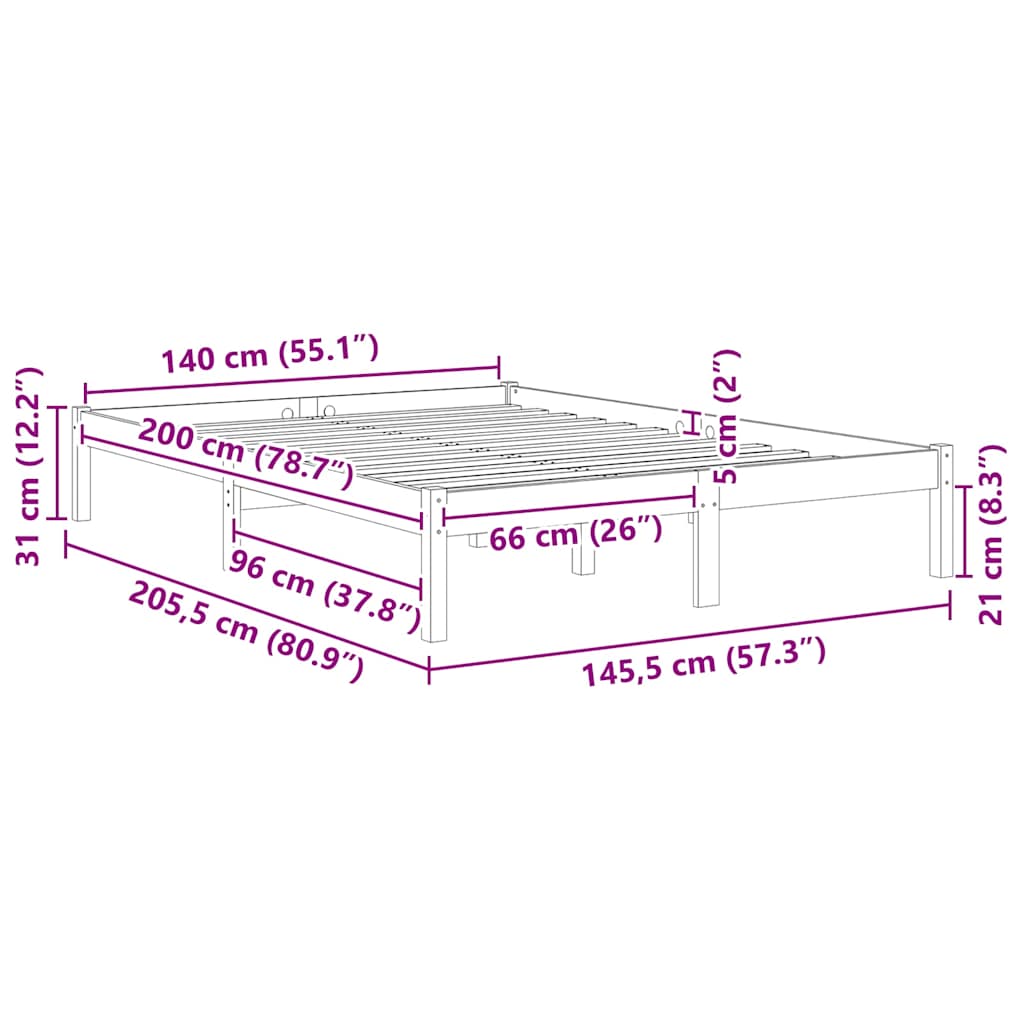 sengeramme 140x200 cm massivt fyrretræ hvid