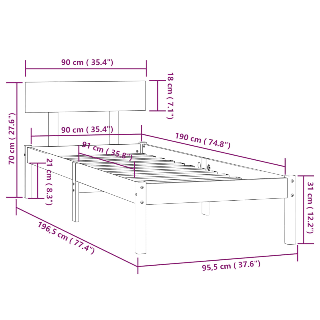 sengeramme 90x190 cm Single massivt fyrretræ grå