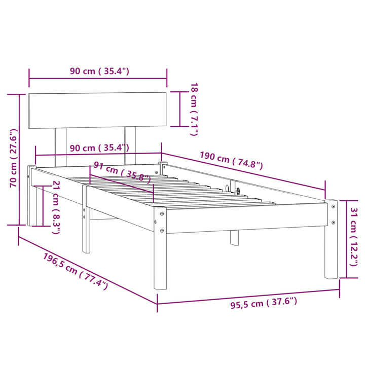 sengeramme 90x190 cm Single massivt fyrretræ grå
